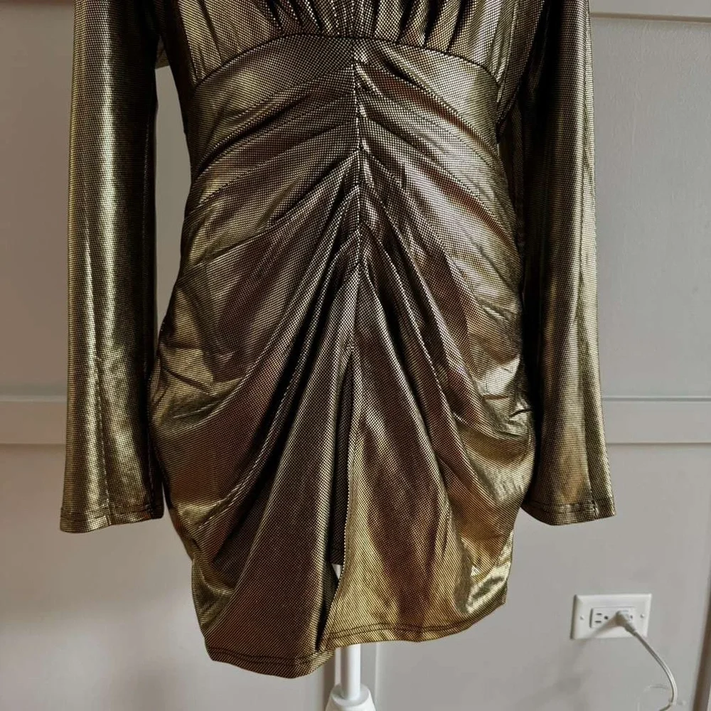 Kohl's Gold Metallic Plunging Ruched Mini Dress - Picture 5 of 7